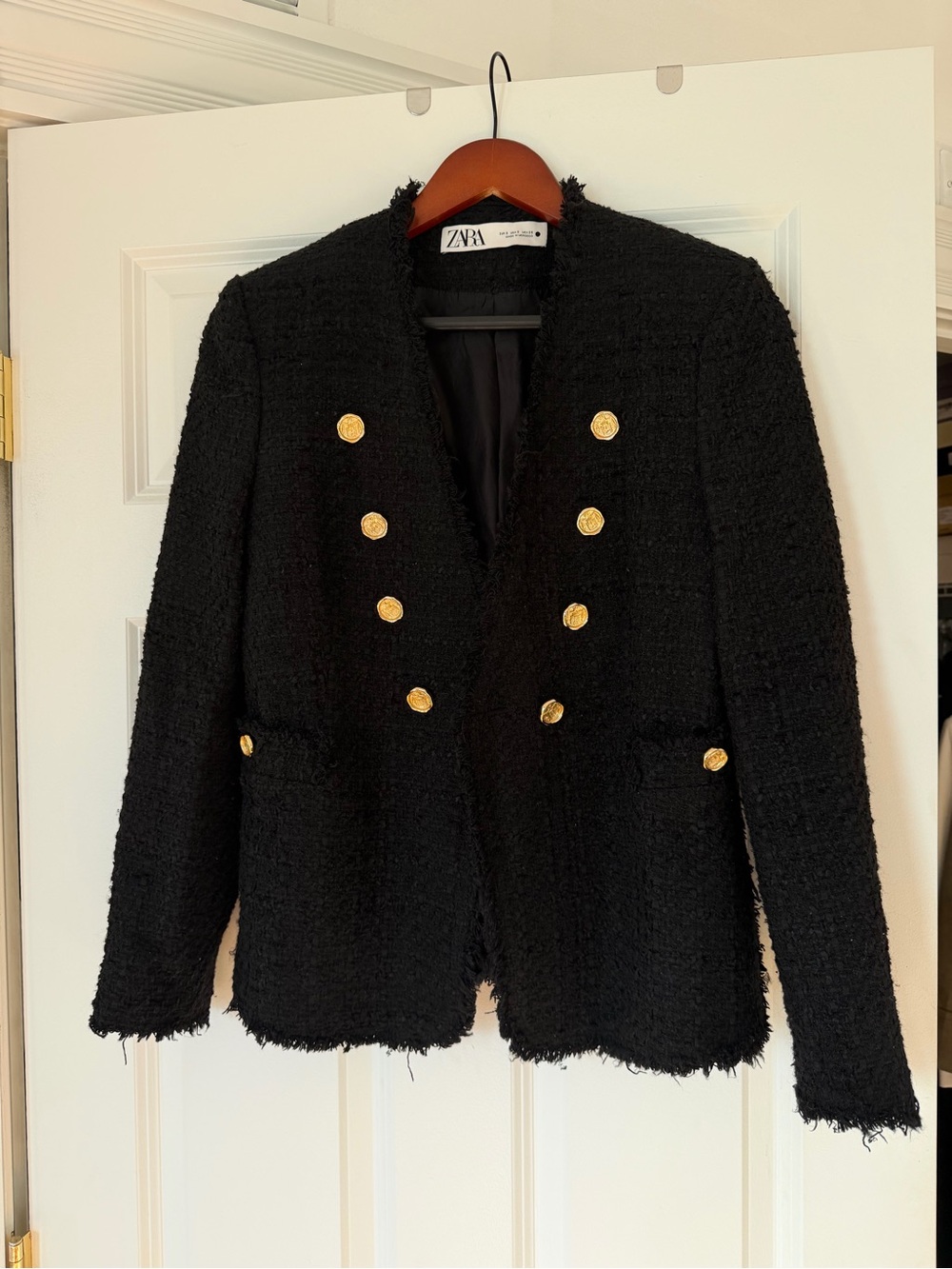 ZARA Black Tweed Double-Breasted Blazer with Gold Buttons